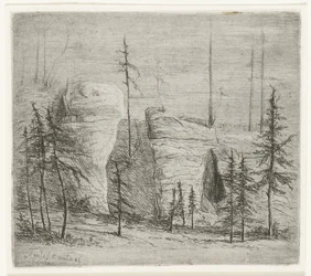 Paesaggio roccioso con pini, il cosiddetto Teufelkanzel (Teufelkantzel Baxen)