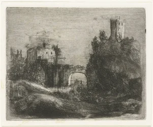 Paesaggio meridionale con porta e torre su roccia