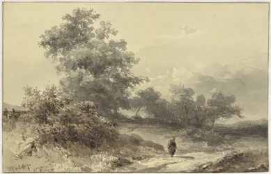Paesaggio con boschetto e una figura su una strada di campagna