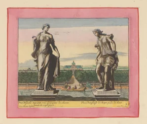 Statuen einer Nymphe mit Lorbeerkranz und einer Tänzerin