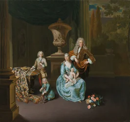 Diederik Baron van Leyden van Vlaardingen (1695-1764), Borgomastro di Leiden, con sua Moglie Sophia Dina de Rovere e i loro Figli Pieter, Jan e Adriaan Pompejus