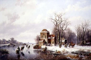 Scena invernale con cavallo e carro su un sentiero