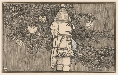 Schiaccianoci in un mantello da ussaro vicino a un albero di Natale
