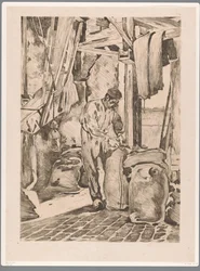 Mugnaio nel mulino di grano di Wijk bij Duurstede che chiude un sacco