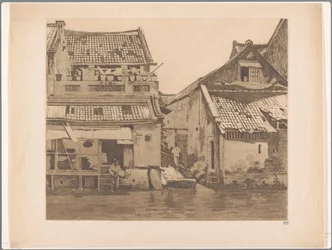 Due figure presso case lungo un fiume a Batavia