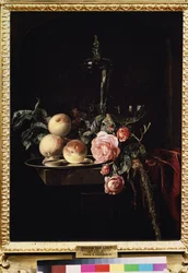 Natura morta con rose e pesche