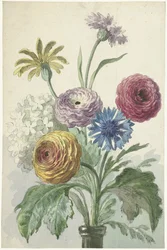 Bouquet di fiori nel collo di un vaso verde