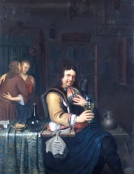 Interno con un cavaliere che beve e una coppia che si abbraccia, c.1690-1700