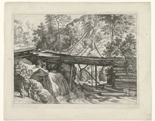 Paesaggio montano con acquedotto in legno