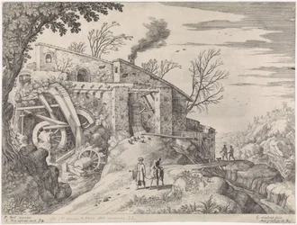 Paesaggio con un mulino ad acqua e il buon samaritano