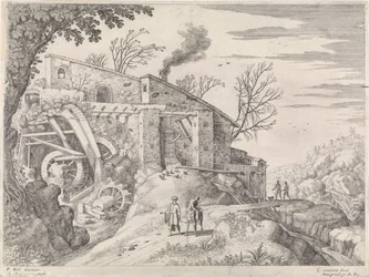 Paesaggio con un mulino ad acqua e il buon samaritano