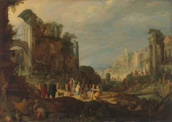 Viaggiatori tra le rovine romane con Rebecca ed Eliezer al pozzo, 1602-1605 circa (olio su rame)