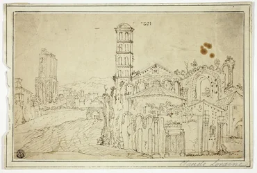 Vista a Roma: Torre della Melisa, rovine della chiesa paleocristiana