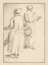 Uomo e donna in abiti contadini, visti di spalle