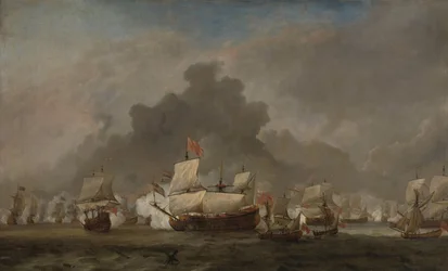 Battaglia navale tra Michiel Adriaensz de Ruyter e il Duca di York sulla Royal Prince durante la Battaglia di Solebay, 7 giugno 1672: episodio della Terza Guerra Anglo-Olandese