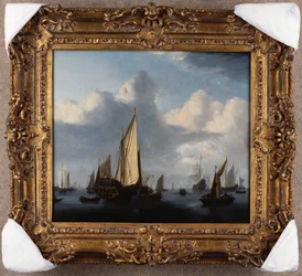 Paesaggio marino con uno yacht di stato e altre navi in calma, 1654