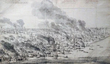 Robert Holmes che incendia la flotta olandese a Terschelling