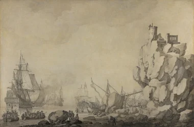Navi e milizia presso una costa rocciosa