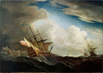 Navi inglesi in mare che navigano controvento in una tempesta, c.1690