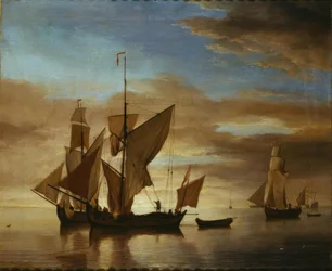 Navi in mare calmo al tramonto