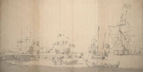 Una weyschuit tirata a riva in un porto affollato, c.1672