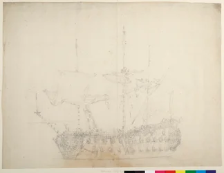 Una nave inglese di terza classe da 60 cannoni vista da vicino sulla prua di babordo
