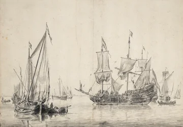 Barche a vela e una fregata olandese che asciuga le vele. Disegno e lavaggio di William van de Velde l
