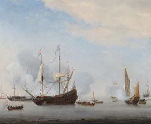 Un uomo di guerra che fa il saluto, altre navi nelle vicinanze (olio su tela)