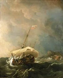 Nave britannica in una tempesta di vento, che cerca di sfuggire alla costa rocciosa