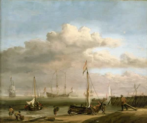 La costa olandese verso Marsdiep e Den Helder, con barche da pesca, circa 1690, di Willem van de Velde (1633-1707)