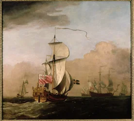 Il ketch del secondo duca di Albemarle con uno yacht a sinistra e tre navi da guerra in lontananza a destra