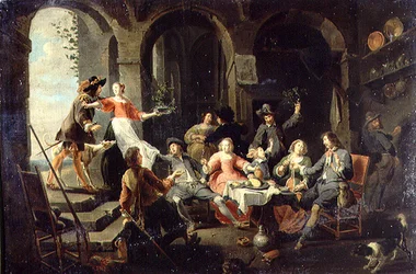 Compagnia elegante che si diverte in un interno con servitori presenti
