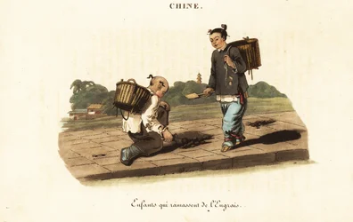 Bambini cinesi che raccolgono letame di cavallo