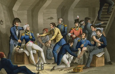 La cabina di comando, battaglia del Nilo, con Nelson ferito nella battaglia, inciso da Matthew Dubourg (fl.1813-20) da 