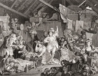 Attori itineranti che provano in un granaio, inciso da G Presbury, da The Works of Hogarth pubblicato a Londra nel 1833