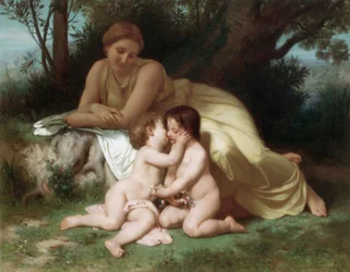 Giovane donna in contemplazione di due bambini abbracciati
