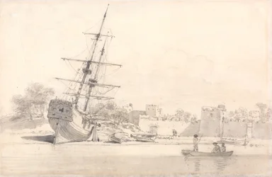 Una Piccola Nave a Vela Tirata su sulla Riva Sotto Alcuni Edifici Fortificati