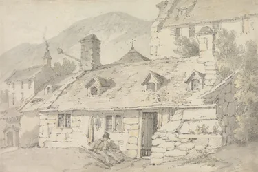 Cottage di Pietra in un Paesaggio Montuoso con una Figura in Primo Piano