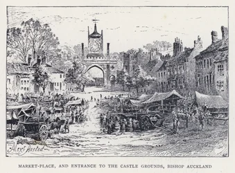 Piazza del Mercato e Ingresso ai Giardini del Castello, Bishop Auckland (incisione)