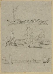 Tre schizzi di barche sul fiume di Düsseldorf