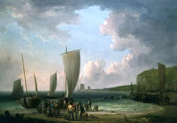 Paesaggio costiero con pescatori che scaricano