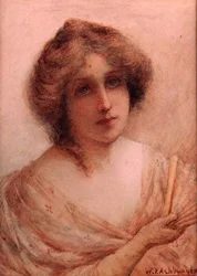Signora con ventaglio in abito rosa