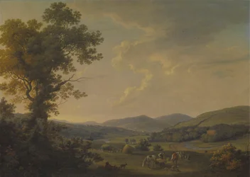 Paesaggio con mietitori e una vista lontana di una casa georgiana