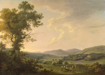 Paesaggio con mietitori e una vista lontana di una casa georgiana
