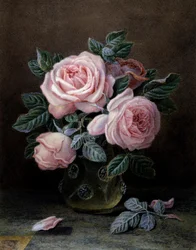Rose rosa in un vaso di vetro. Dipinto di William Hough (1850-1900) Collezione privata.