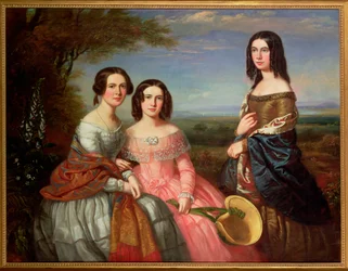 Un ritratto di gruppo di tre ragazze, tre quarti di lunghezza, in un paesaggio, 1849