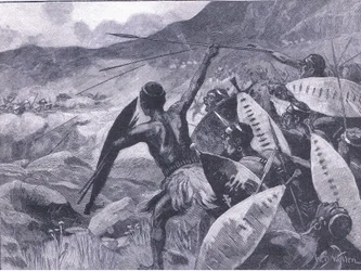 Combattimento nelle colline di Matoppo: carica dei Matabele, illustrazione da Cassells History of England, 1900