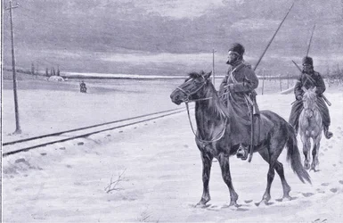 Sorveglianza della ferrovia vicino a Mukden, illustrazione da Cassells History of the Russo-Japanese War Vol 1, c.1900
