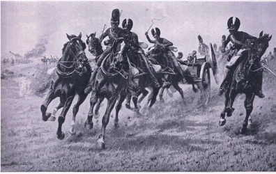 Cannoni in prima linea: Waterloo, 18 giugno 1815, illustrazione da British Battles on Land and Sea, 1915