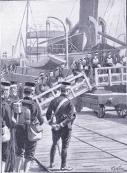 Truppe giapponesi che si imbarcano a Kobe, illustrazione da Cassells History of the Russo-Japanese War Vol 1, c.1900